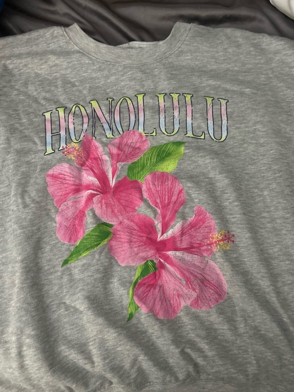 Gray Floral Honolulu Sweatshirt with Pink Hibiscus Print
